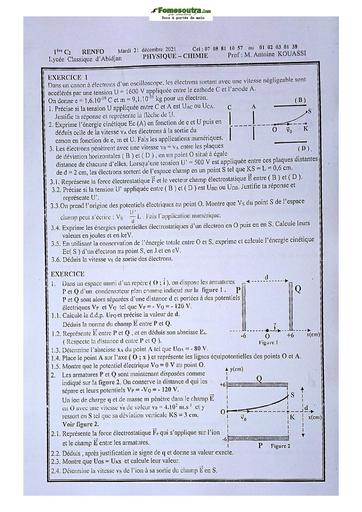 Sujet de Physique-Chimie Première C Lycée Classique Abidjan 21-22