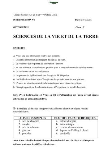 INTERRO DE SVT NIVEAU 3ième 2023 N°1 GS ARC EN CIEL BY TEHUA