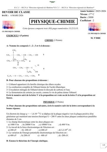 DEVOIR CLASSE PHYSIQUE CHIMIE DU Niveau 1ère C DE 2025 2026 MANKONO by TEHUA