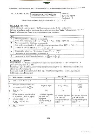 BAC Blanc Yamoussoukro Mathématiques A2 FEVRIER 2025 BY TEHUA
