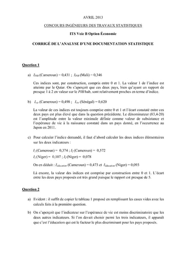 Corrigé Analyse d'une Documentation Statistique ITS B option Economie 2013 (ENSEA)