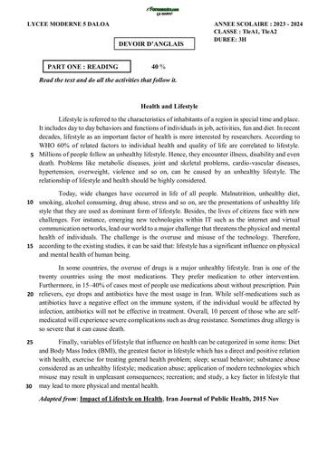 Sujet Tle A DEVOIR Anglais Tle lifestyle 2 collège moderne de Gagnoa by Tehua