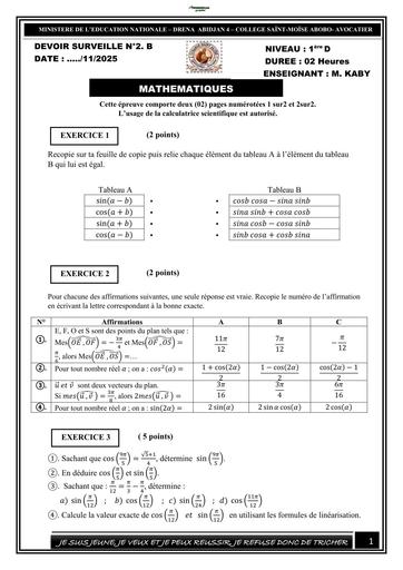 DEVOIR DE MATHS NIVEAU 1ière D TRIGONOMETRIE COLLEGE SAINTE MOISE 2025 BY TEHUA