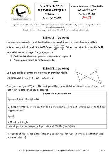 DEVOIR DE MATHS NIVEAU 3ième 2023 N°2 TRIMESTRE 1 LYCEE Garçon de BINGERVILLE BY TEHUA