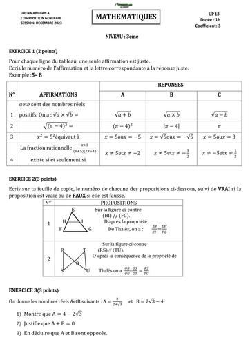 COMPOSITION DE FIN DE TRIMESTRE DE MATHS NIVEAU 3ième du Février 2023 by TEHUA