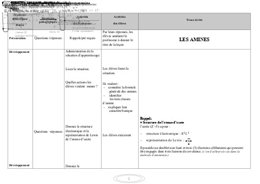 FCICHE DE COURS PC Tle CD LES AMINES by TEHUA