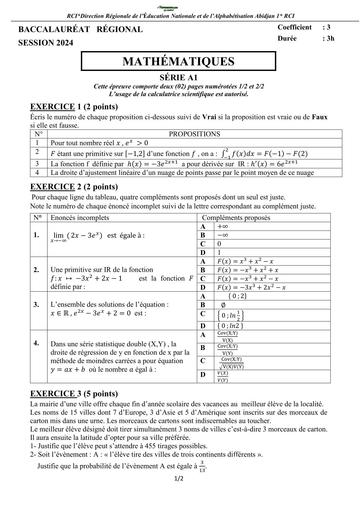 BAC REGIONAL 2024 MATHS Tle A by TEHUA