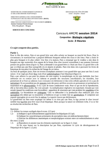 Sujet de Biologie végétale concours AMCPE 2014