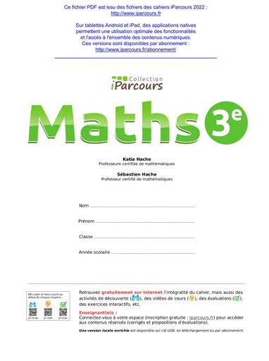 Cahier Maths 3eme iparcours 2022