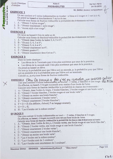 Sujets de Maths Probabilités niveau Terminale A1 - Lycée classique d'Abidjan