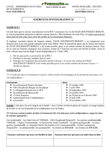 Exercices d’intégration d'Histoire et Géographie niveau 3eme - Lycée Dominique Ouattara Korhogo