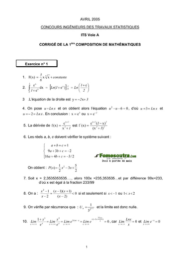 Corrigé 1ère épreuve de maths ITS A 2005 (ENSAE - ISSEA)