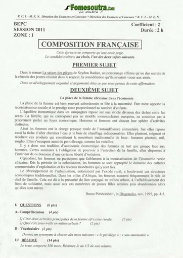 Sujet de Composition française BEPC 2011 zone 1