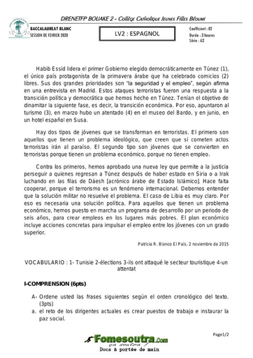 Sujet d'Espagnol LV2 BAC blanc série A 2020 - Collège Catholique Jeunes Filles Béoumi (DRENETFP BOUAKE 2)
