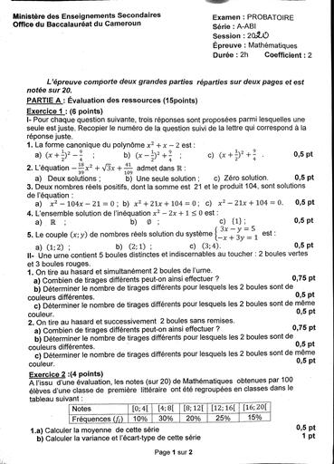 Tous les sujets du probatoire 2020 2 Cameroun