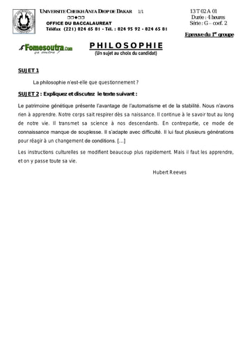 Sujet de philosophie BAC G 2013 Sénégal