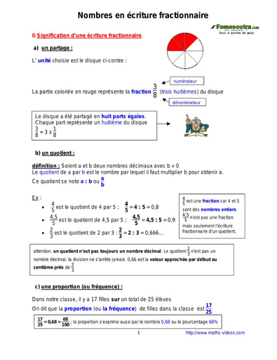 Nombres en écriture fractionnaire - Cours de maths niveau 5eme