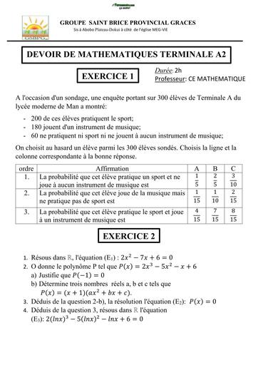 DEVOIR DE NIVEAU MATHS Tle A2 TRIMESTRE 2 PROVICIAL BY TEHUA