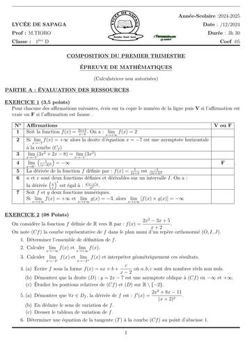 SUJET DE MATHS 1ière D TRIMESTRE 1 2025 LYCEE DE SAPAGA BY TEHUA