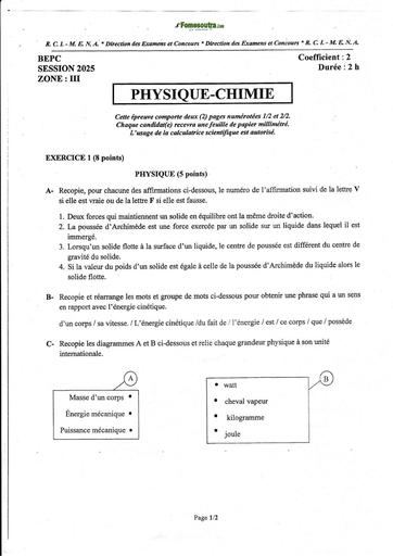 BEPC 2025 SUJET ET CORRIGE BAREME PC  ZONE 123 Côte d'Ivoire BY TEHUA