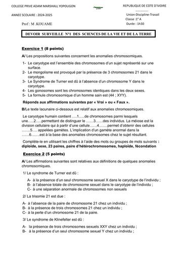 Sujet 1iere A Devoir SVT 1iere A ADM Marshall Anomalie By Tehua