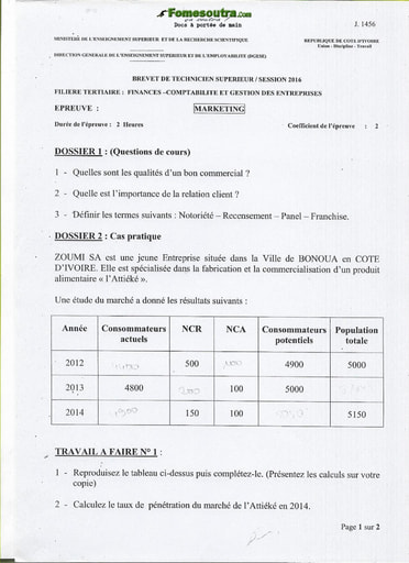 Sujet de Marketing BTS Finances Comptabilité et Gestion d’Entreprises 2016