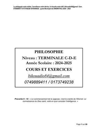 PHILOSOPHIE COURS ET EXERCICES TLe C D E 2025 2026 by Tehua