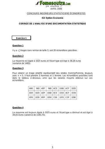 Corrigé Analyse d'une documentation statistique ISE option économie 2006 (ENSEA - ISSEA)