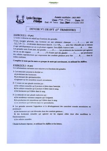 Sujet de SVT niveau Première D Lycée Classique Abidjan 22-23