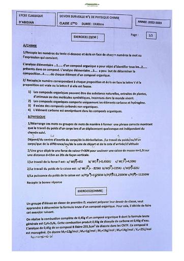 Sujet de Physique-Chimie Niveau Première D Lycée Classique Abidjan  23