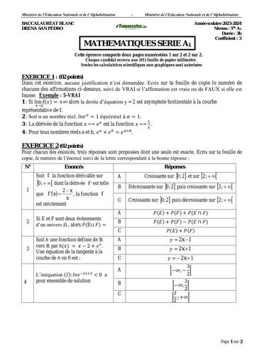 SUJET1 MATHS BAC BLANC SERIE A1 2024 dren san pedro by Tehua