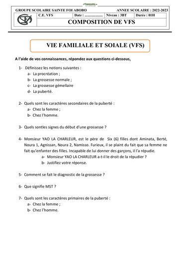 Devoir Vie familiale Social 3 eme BT 2022-2023 Collège Sainte Foi Abobo