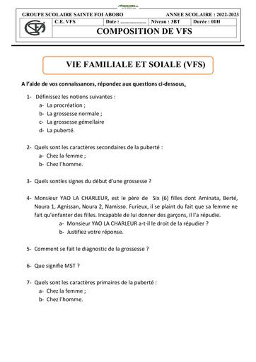 Devoir Vie familiale Social 3 eme BT 2022-2023 Collège Sainte Foi Abobo
