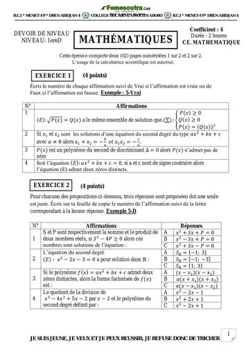 Devoir de Mathématiques niveau 1ère D - Collège BOCABO & ASSOCIES Abobo