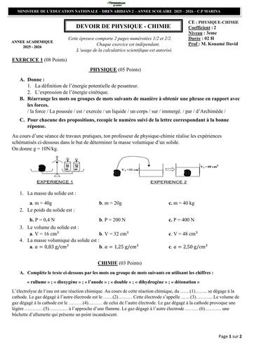 DEVOIR DE PC NIVEAU 3ième CP MARINA 2026 BY TEHUA