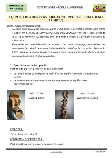 Création plastique contemporaine d'influence primitive - Cours d'Art Plastique niveau Terminale