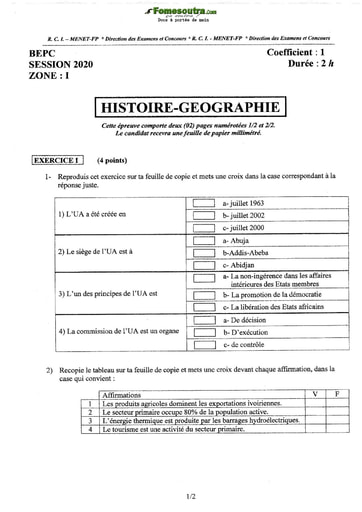 Sujet corrigé et barème d'Histoire et Géographie BEPC 2020 Zone 1