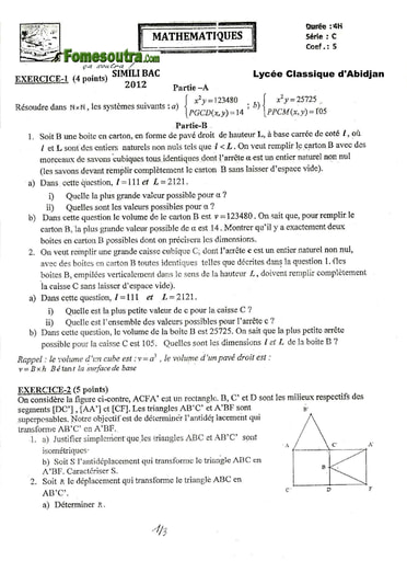 Sujet de Maths BAC blanc 2012 série C Lycée Classique d'Abidjan