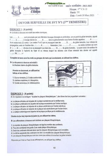 Sujet de SVT niveau Première D Lycée Classique Abidjan  2023