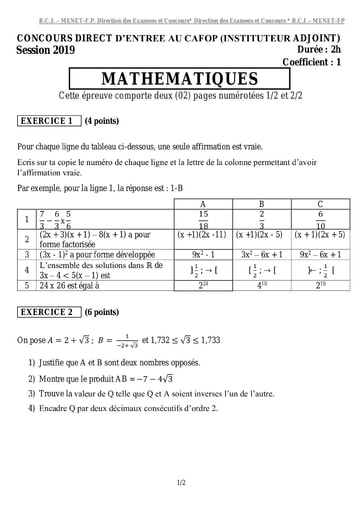 Sujet corrigé de Mathématiques CAFOP (Instituteur Adjoint) 2019