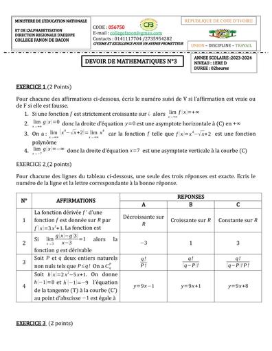 Devoir de maths 1ière D (Dénombrement et étude de fonctions) By Tehua