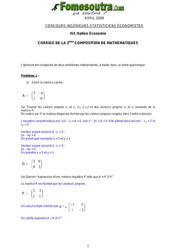 Corrigé 2ème épreuve de maths ISE option économie 2008 (ENSEA - ISSEA)