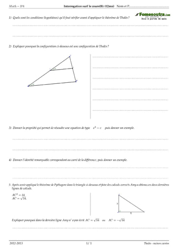 Thalès - racines carrées - Sujet (2) de maths niveau 3eme