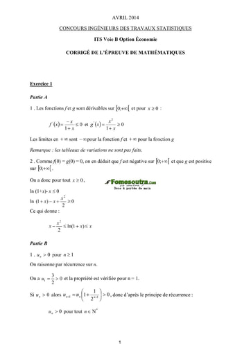 Corrigé Maths ITS B option Economie 2014 (ENSEA)