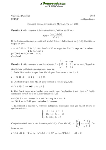 Exercices corrigés sur MATLAB