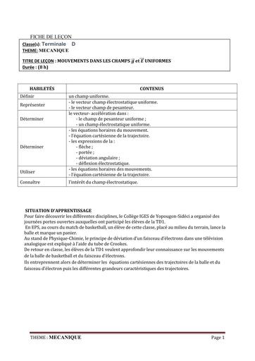 FICHE DE COURS PHYSIQUE Tle D L3 MVT CHAMPS G ET E