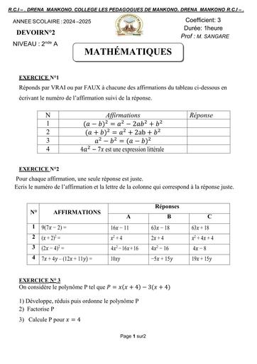 Devoir de Maths 2nde A calcul litteral by Tehua