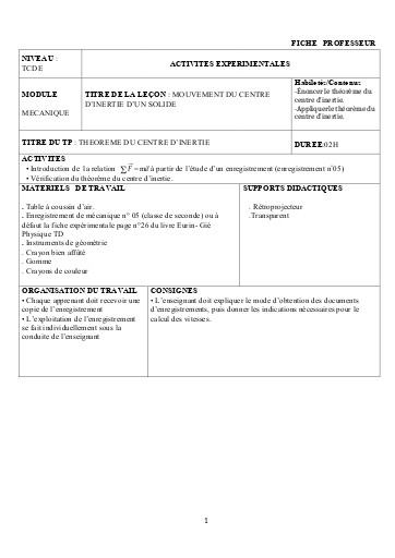 FICHE PROFESSEUR 2   MOUVEMENT DU CENTRE  D3INERTIE D3UN SYSTEME MATERIEL (1)