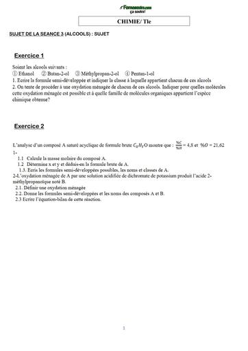 COURS DE VACANCES CHIMIE Tle SUJET 3 (ALCOOLS) BY TEHUA