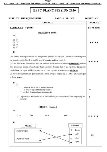 BEPC blanc MARS 2026 PC  BAREME Drena ABIDJAN 1 By TEHUA